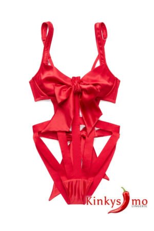 Lencería erótica roja Ivanna de satén con tiras y lazo - Kinkysimo Perú